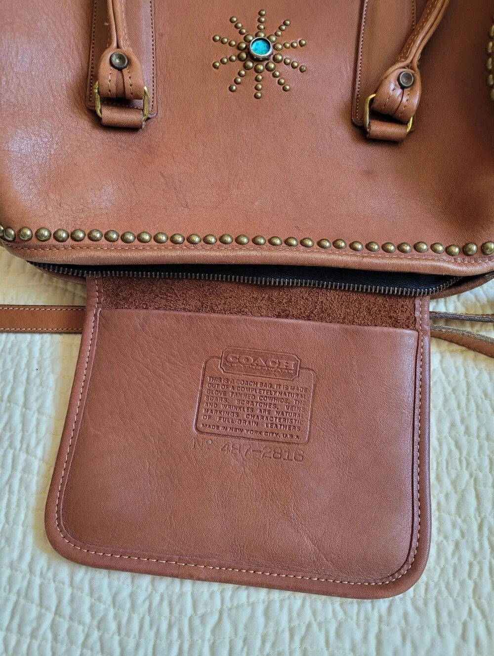 Coach Tan Leather Satchel with Turquoise Sunburst Accent - Picture 9 of 16